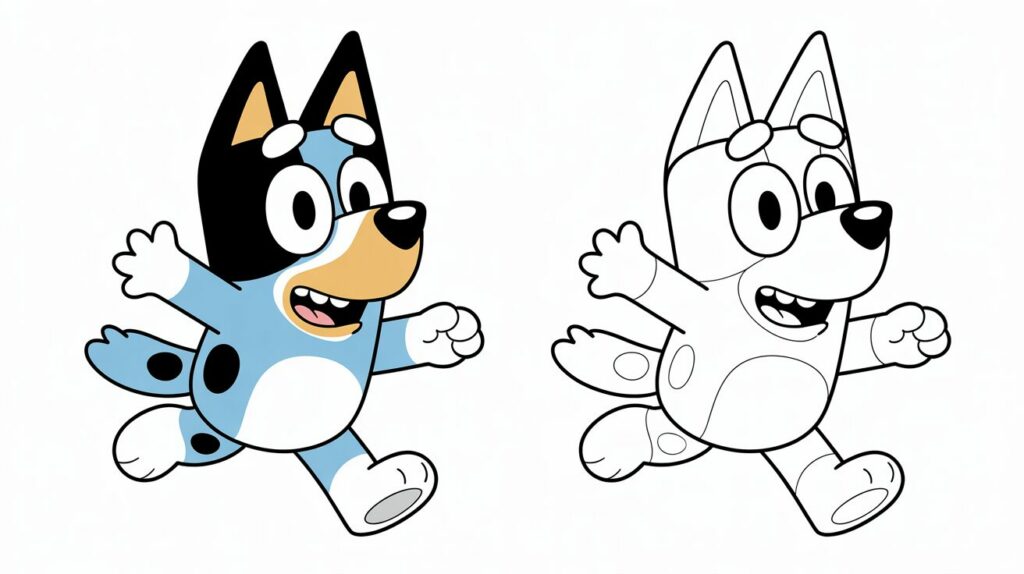 Bluey che corre felice – immagine colorata a fianco della versione da colorare per bambini
