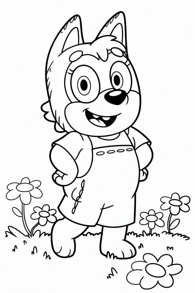 Pagina da colorare di Bluey che cammina tra i fiori con un’espressione felice.