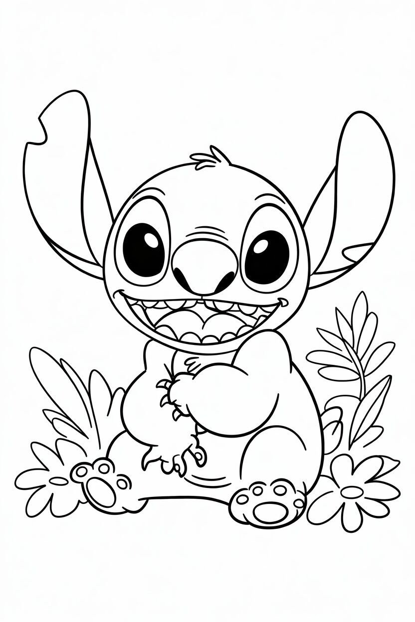 Stitch seduto tra i fiori con un grande sorriso