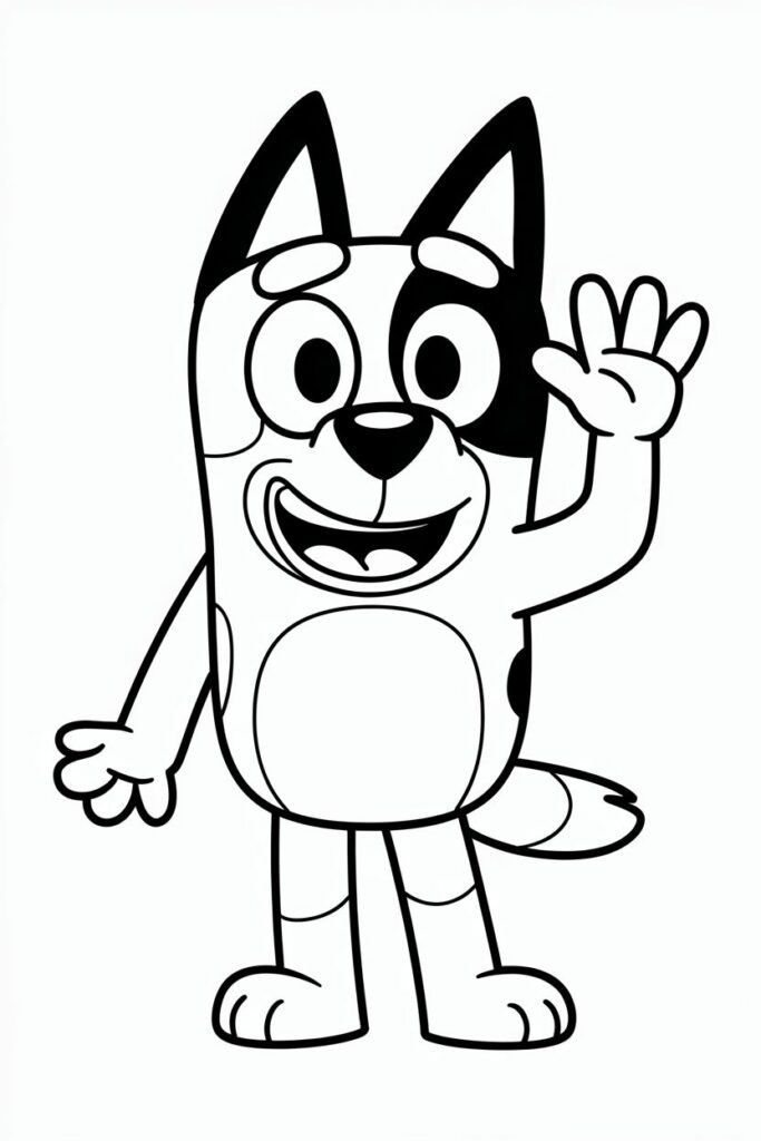 Immagine da colorare di Bluey che saluta con un grande sorriso.