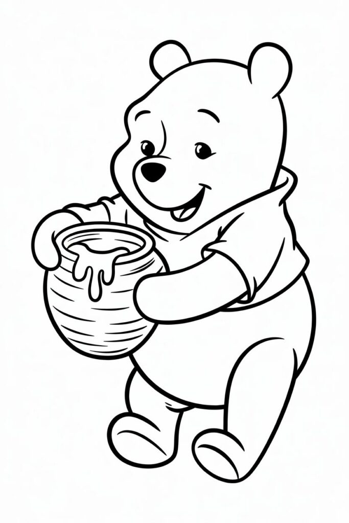 Disegno da colorare di Winnie the Pooh con il barattolo di miele.