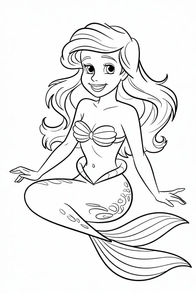 Disegno da colorare di Ariel, la sirenetta Disney seduta e sorridente.