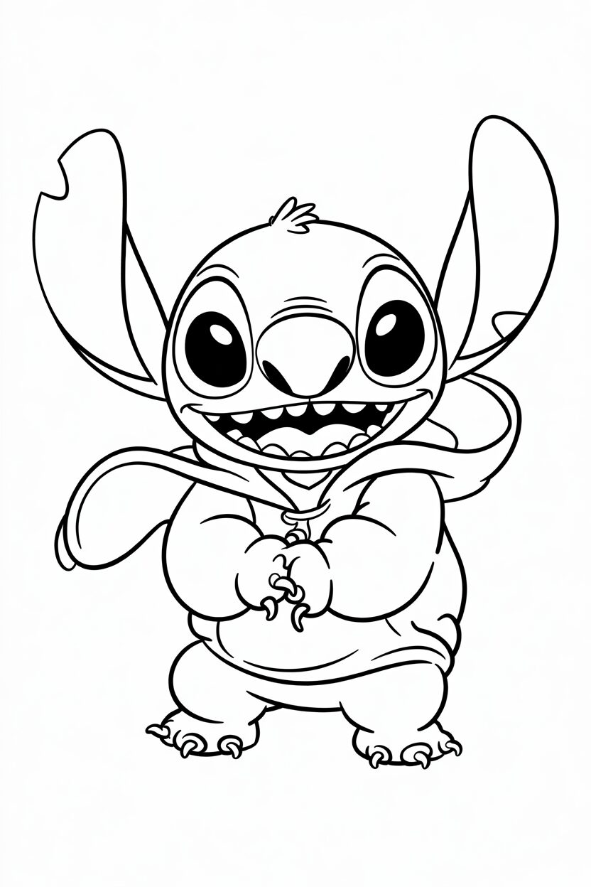 Stitch che indossa una felpa e ride felice
