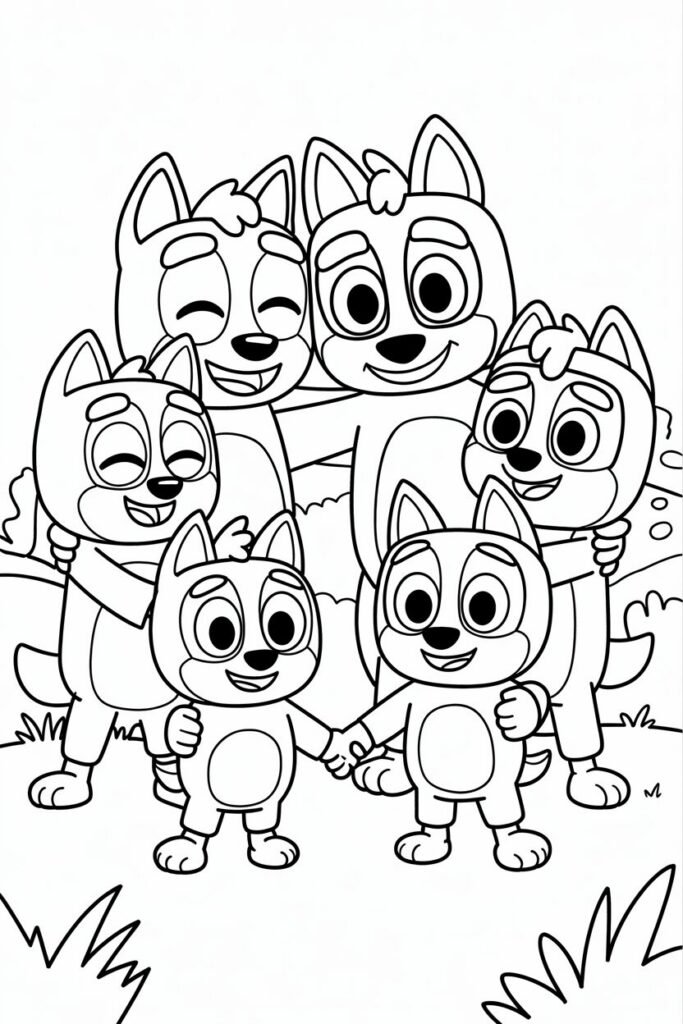 Disegno da colorare di Bluey con tutta la famiglia che si abbraccia felicemente nel parco.