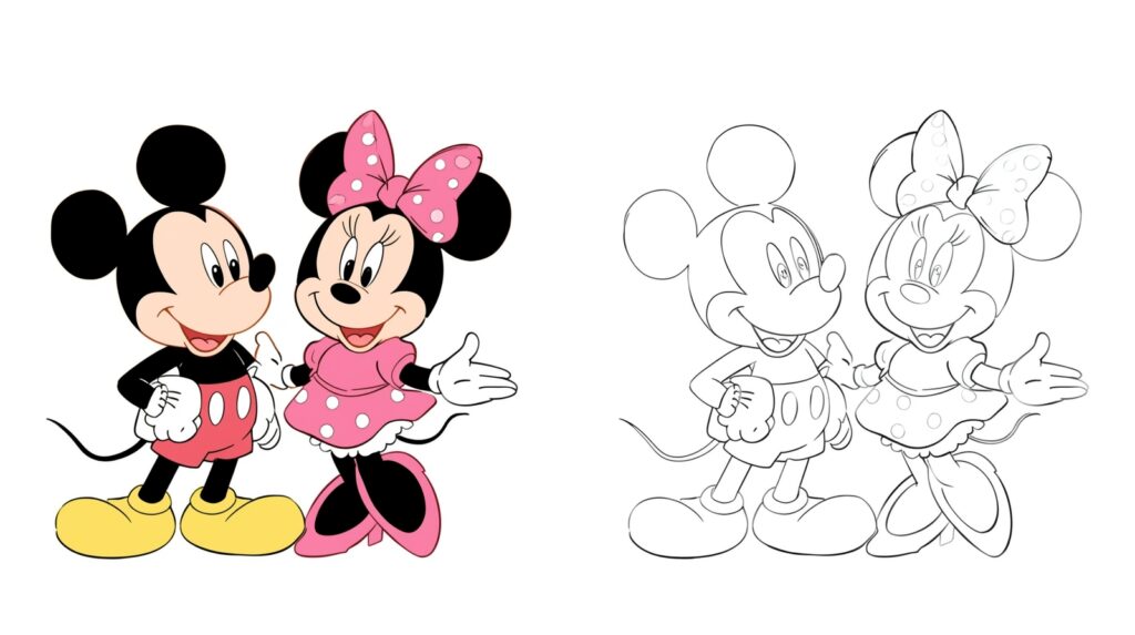 Mickey e Minnie da colorare – versione a colori e versione in bianco e nero per bambini