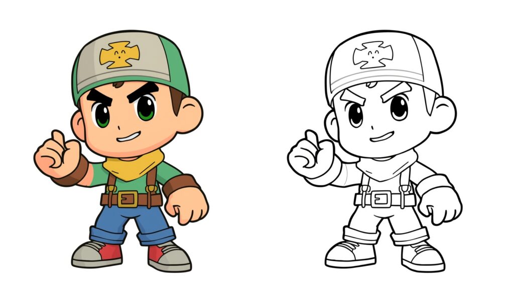 Pagina da colorare di un brawler di Brawl Stars con cappello verde, modello colorato e modello da colorare
