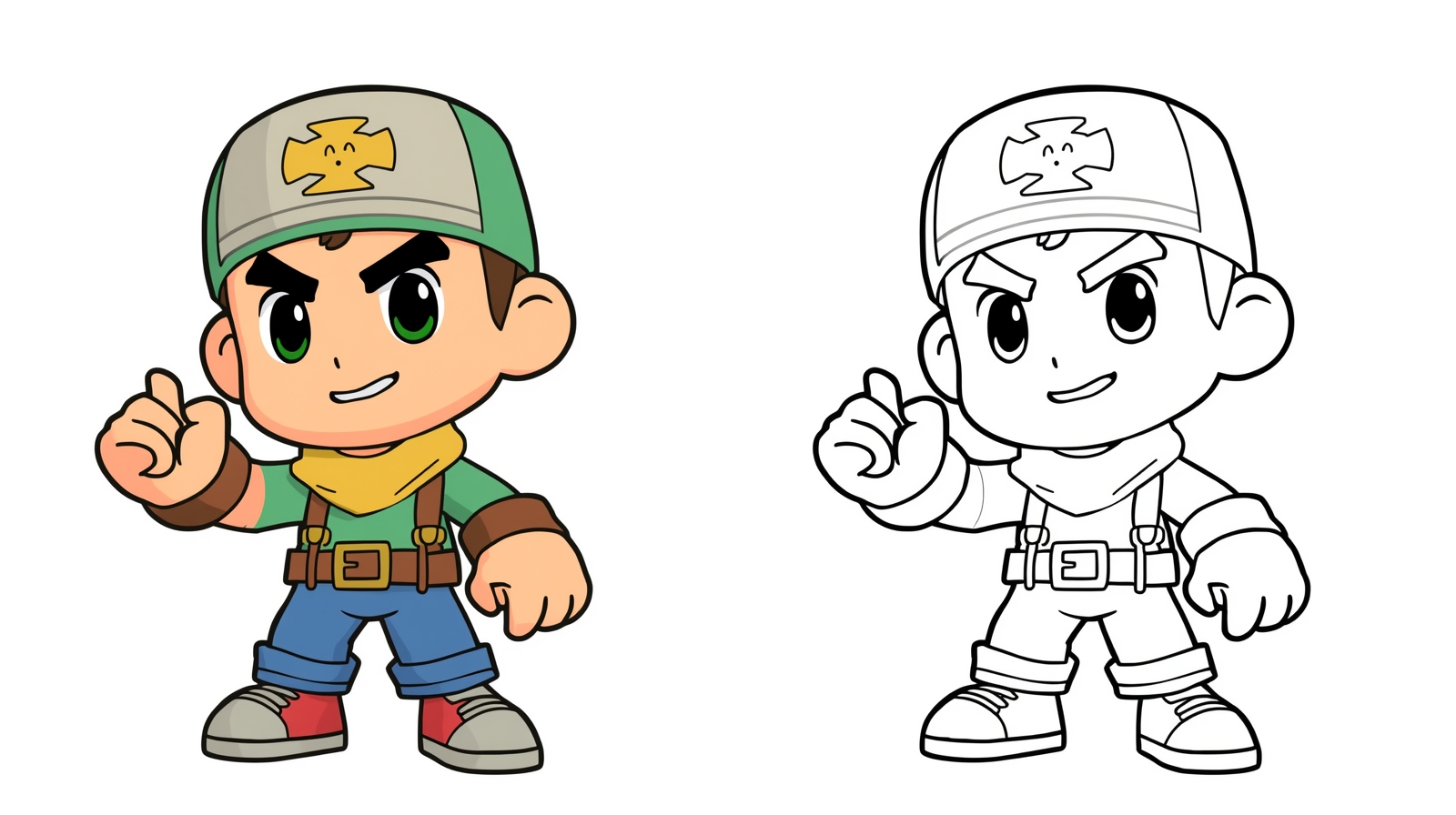Pagina da colorare di un brawler di Brawl Stars con cappello verde, modello colorato e modello da colorare