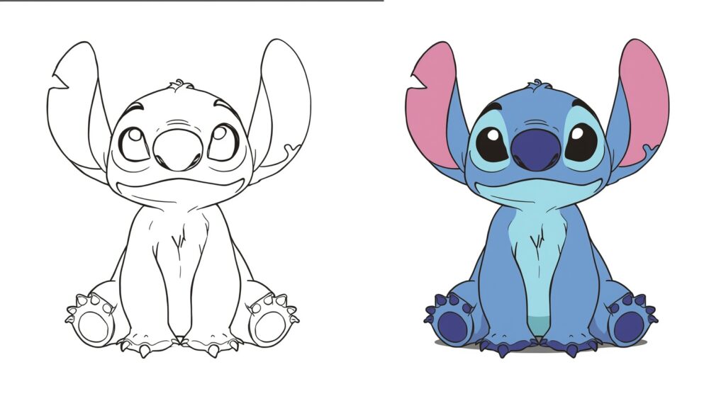 Pagina da colorare di Stitch mentre saluta, con immagine colorata di riferimento.