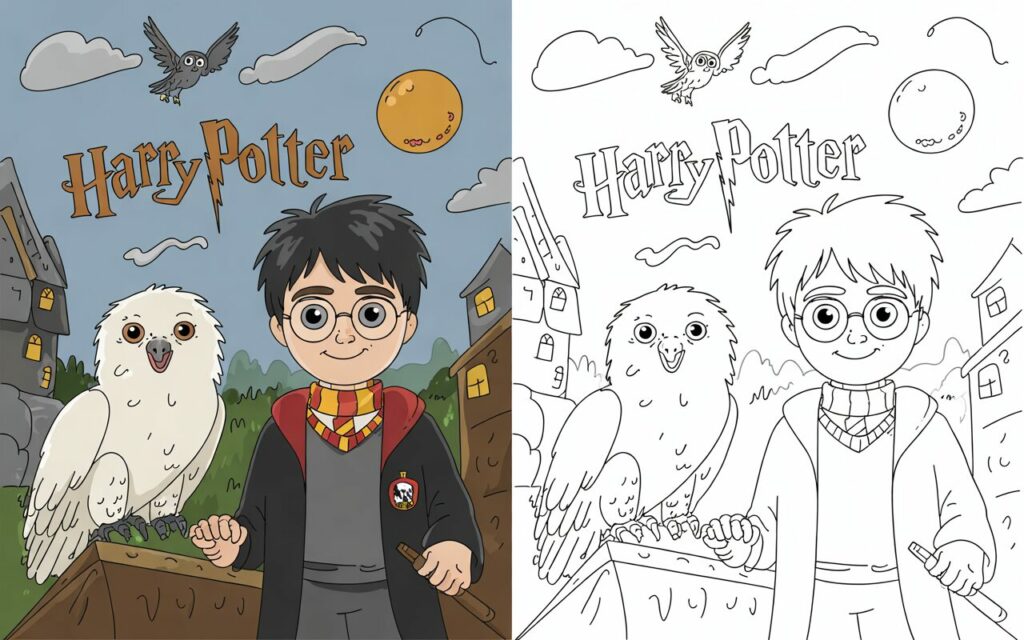 Disegno di Harry Potter con Hedwig davanti a Hogwarts, pagina doppia con versione colorata e da colorare