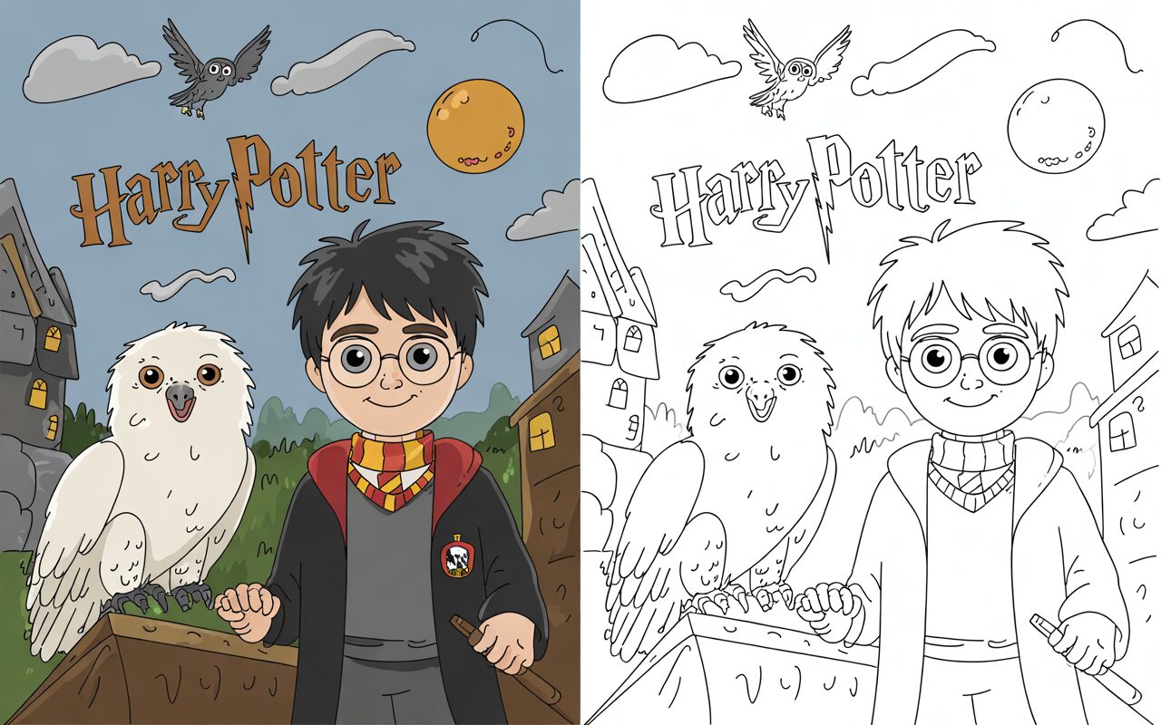 Disegno di Harry Potter con Hedwig davanti a Hogwarts, pagina doppia con versione colorata e da colorare