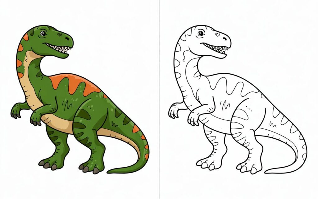 Illustrazione dettagliata di dinosauro, con versione colorata e versione da colorare per bambini
