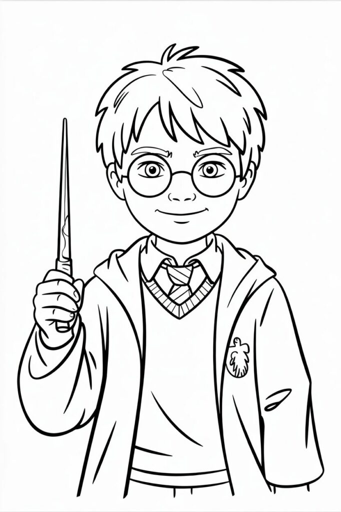 Harry Potter che tiene una bacchetta magica, illustrazione da colorare per bambini