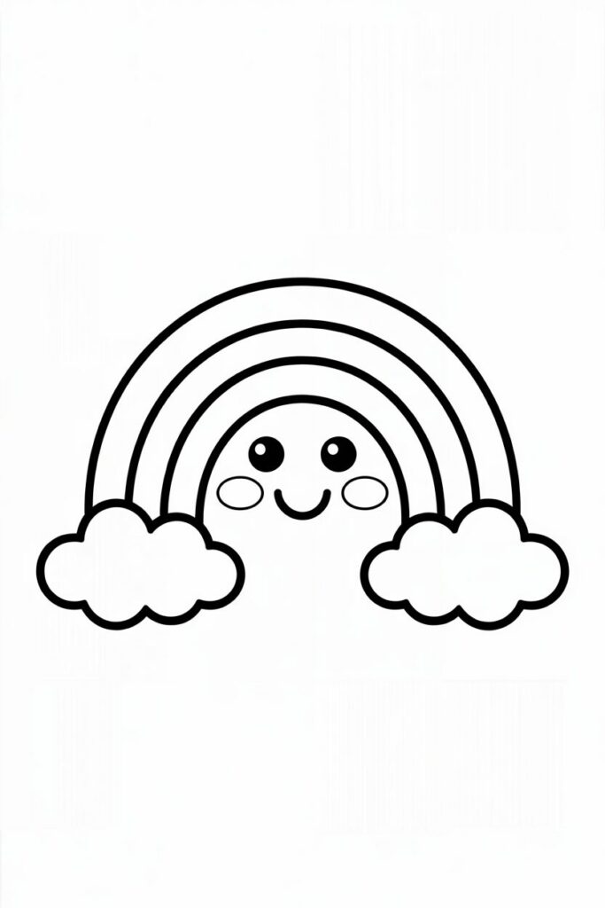 Arcobaleno sorridente da colorare con nuvole per bambini