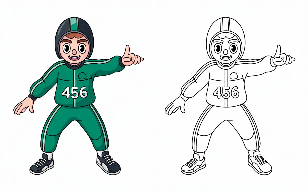Giocatore 456 in posa dinamica, immagine colorata e versione da colorare affiancate