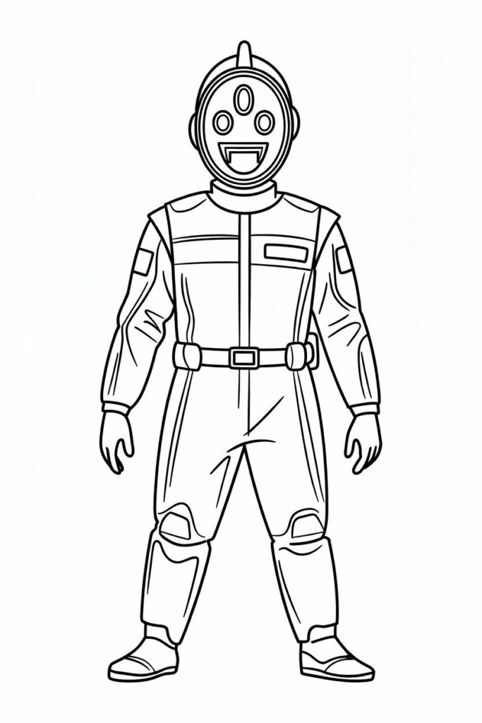 Pagina da colorare raffigurante una guardia di Squid Game con uniforme dettagliata e maschera con tre simboli circolari.
