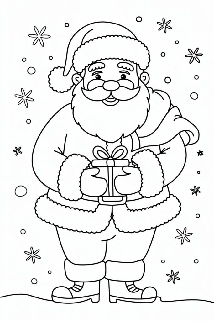 Disegno di Babbo Natale con un regalo da colorare e stampare per bambini