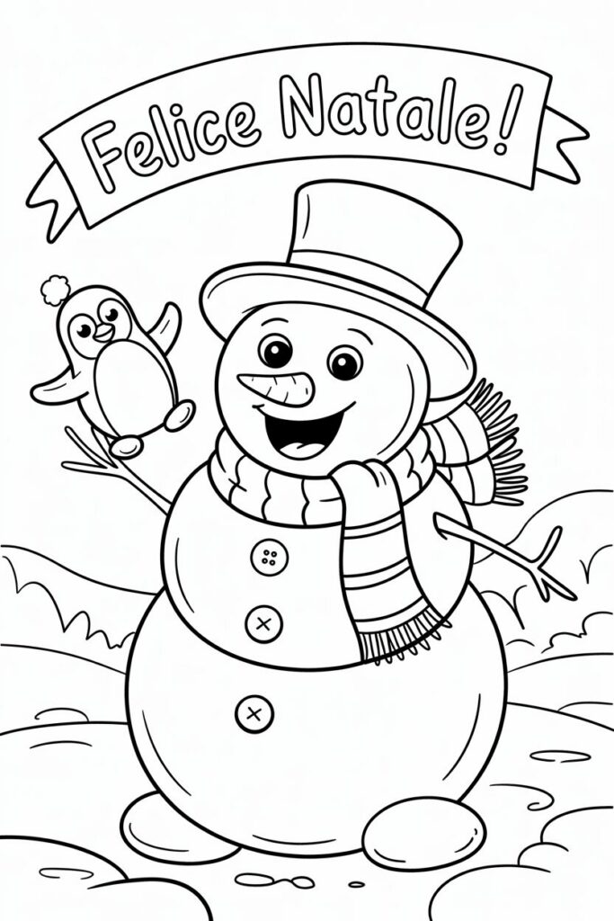 Pupazzo di neve con pinguino e scritta Felice Natale da colorare per bambini