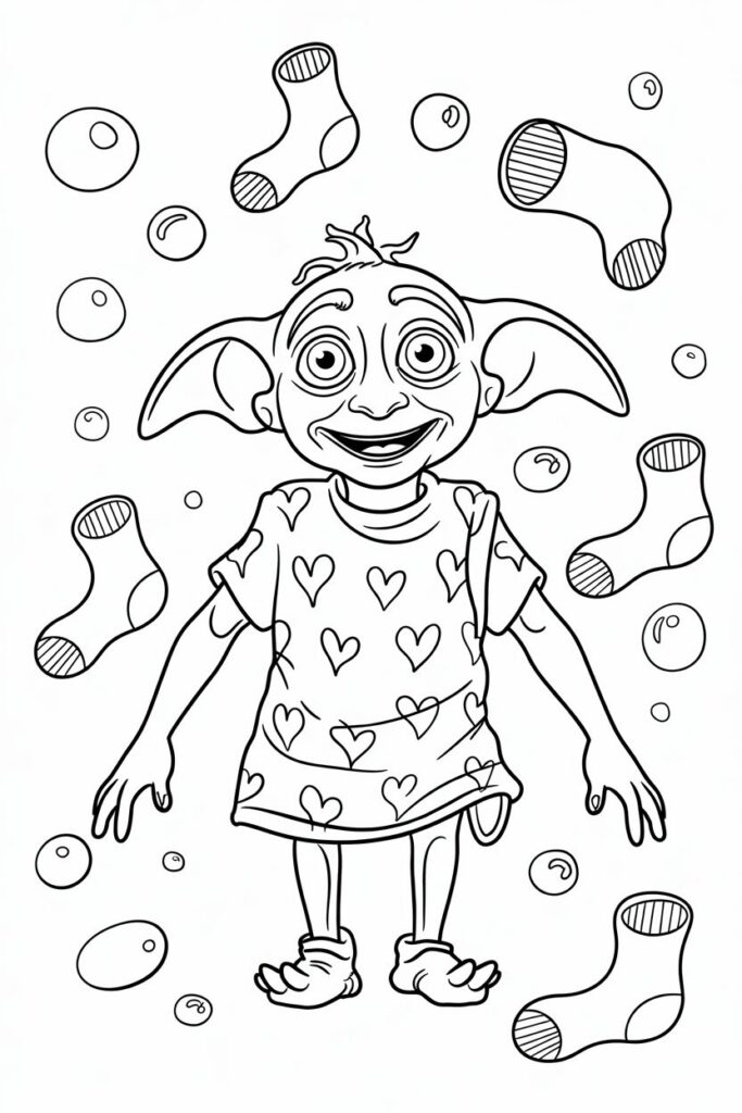Dobby l’elfo domestico circondato da calzini e bolle, pagina da colorare per bambini
