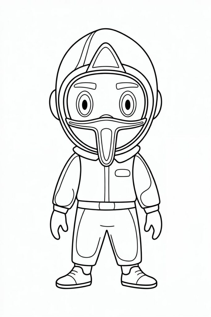 Illustrazione da colorare di una guardia di Squid Game in stile chibi, con casco grande e tuta dettagliata.
