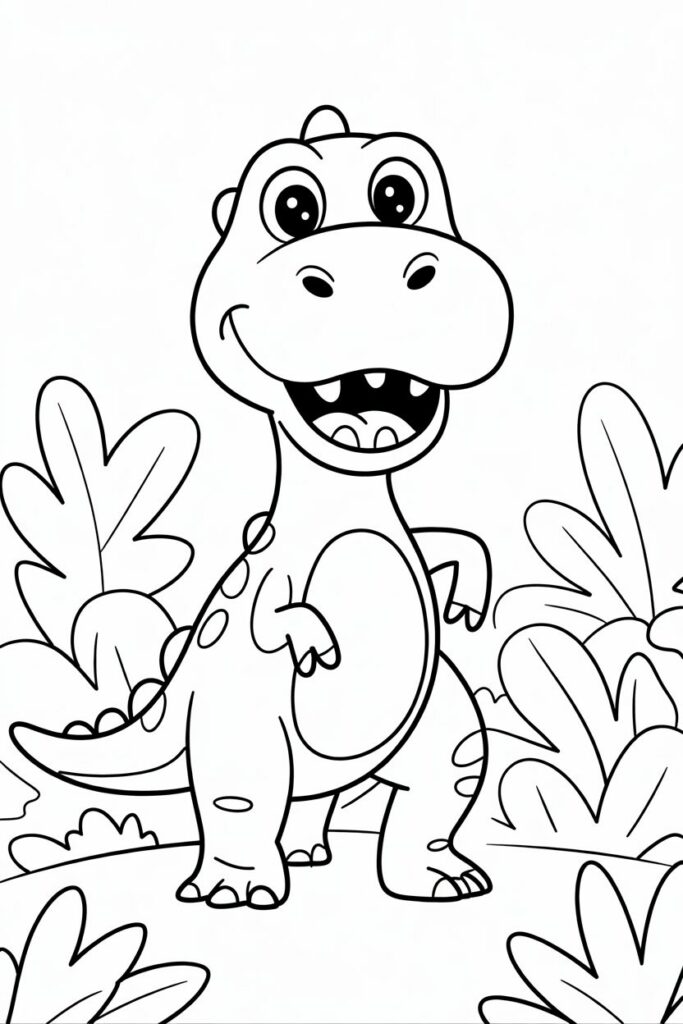 Dinosauro carino da colorare in una scena di giungla, ideale per bambini