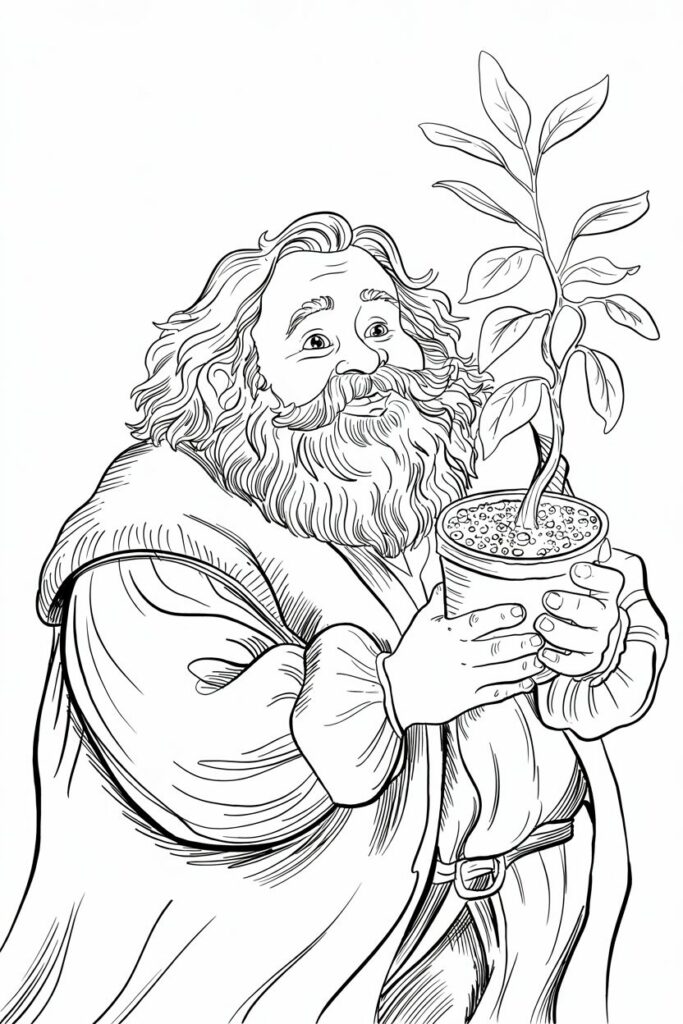 Disegno di Hagrid che tiene un vaso con una pianta, illustrazione da colorare stile Harry Potter