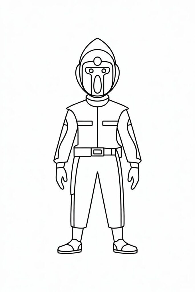 Disegno da colorare di una guardia di Squid Game in stile lineart semplice, con casco appuntito e uniforme completa.
