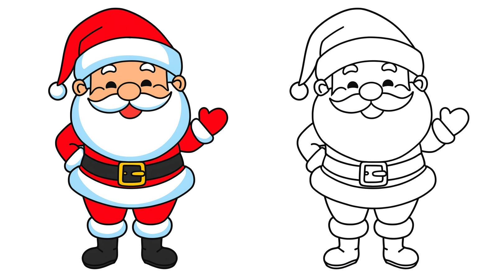 Disegno di Babbo Natale con occhiali e barba grande, immagine colorata affiancata alla versione da colorare.